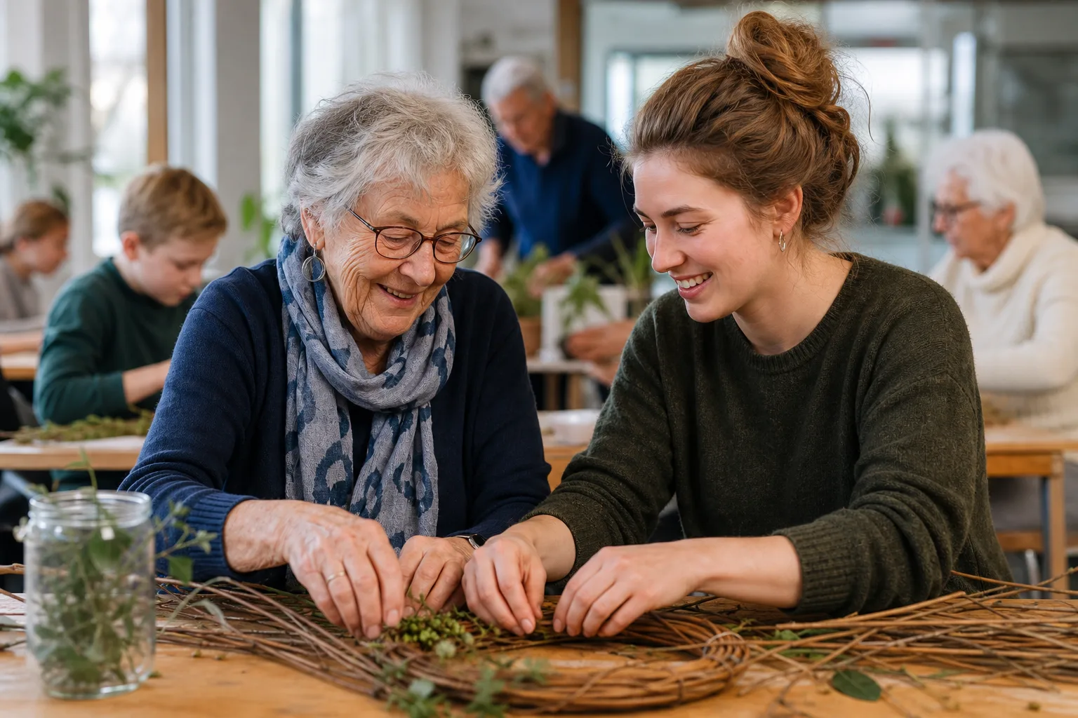Een oudere en een jongere deelnemer werken samen aan een tafel in een lichte ruimte