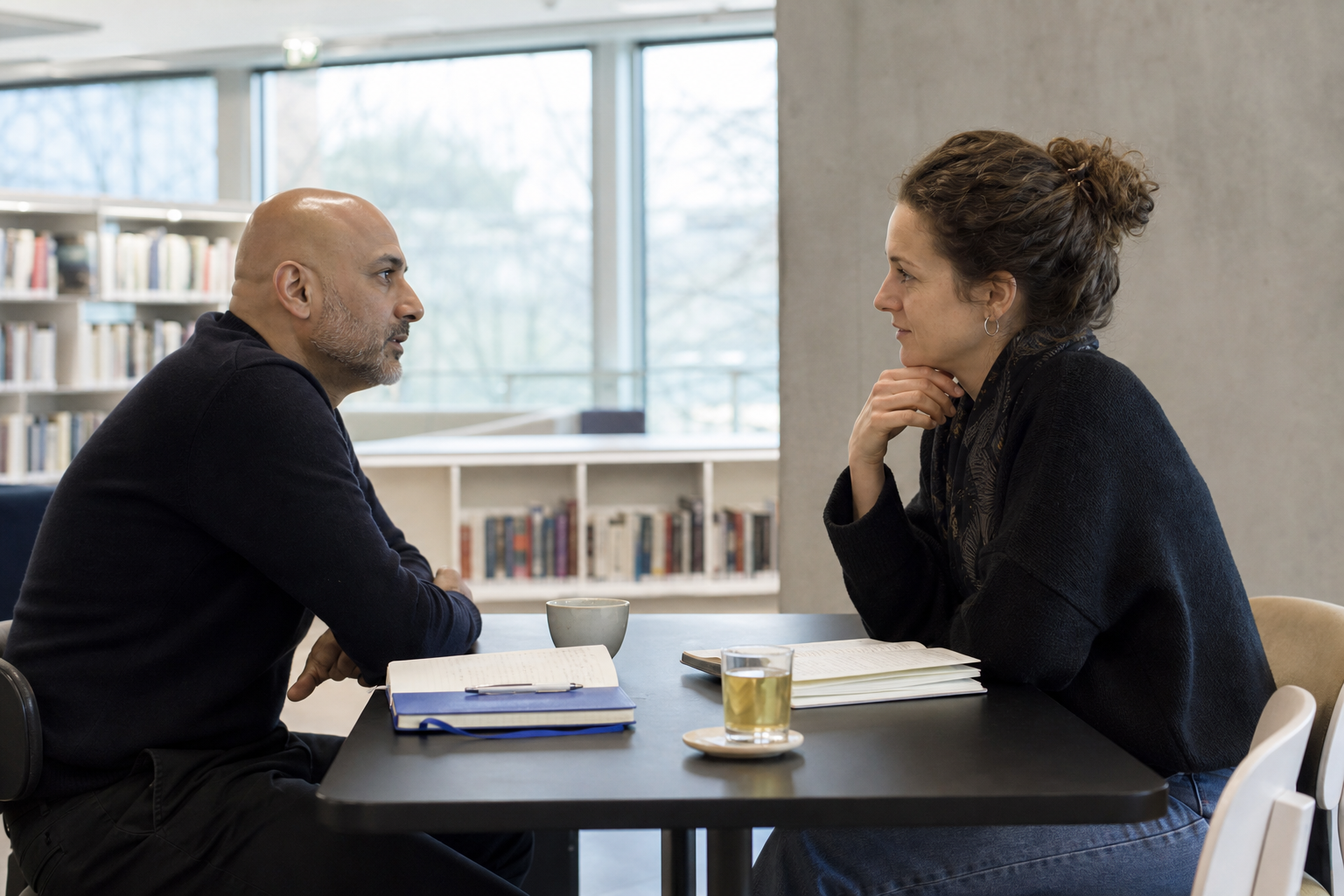 Twee mensen luisteren naar elkaar aan een tafel in een lichte bibliotheek