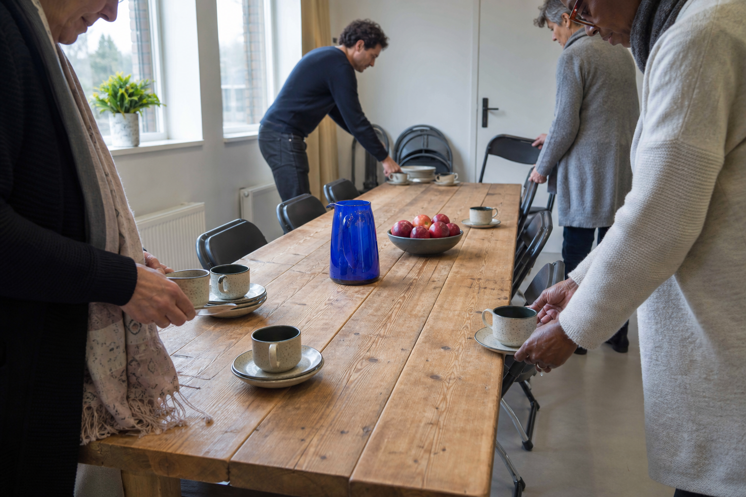 Vrijwilligers zetten kopjes en stoelen klaar